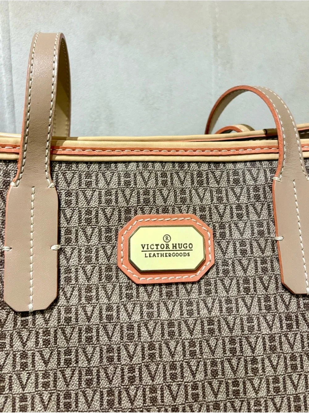 Victor Hugo Italian Leather Brown Monogram Tote Bag in Tan Trim